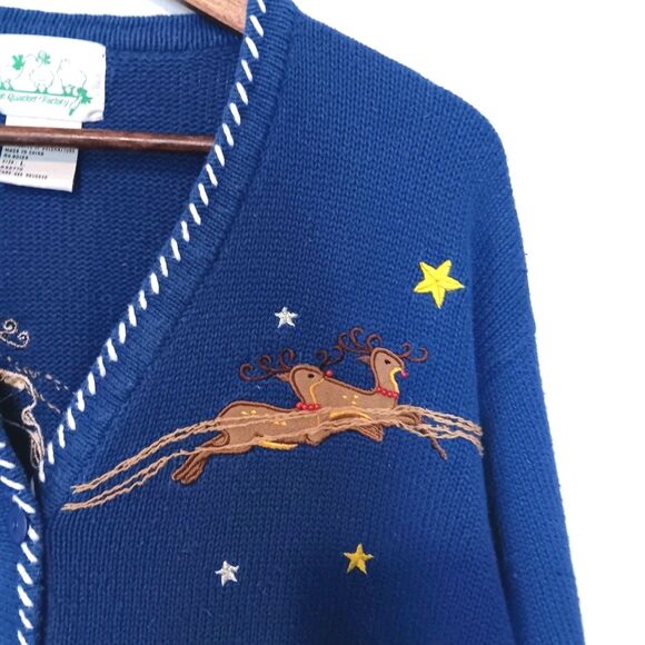 Vintage 90s Quacker Factory Christmas Village Cardigan Sweater Blue Size L - Picture 4 of 13